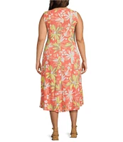 Multiples Plus Size Slub Knit Melon Print Scoop Neck Sleeveless Fit & Flare Midi Dress