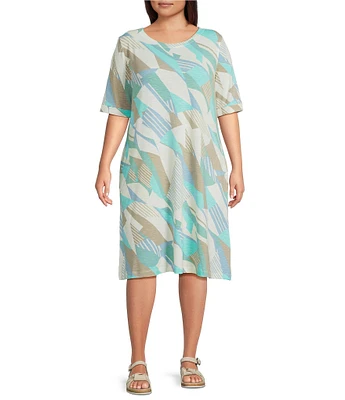 Multiples Plus Size Slub Knit Printed Scoop Neck Elbow Sleeve Dress