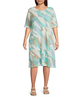 Multiples Plus Size Slub Knit Printed Scoop Neck Elbow Sleeve Dress