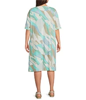 Multiples Plus Size Slub Knit Printed Scoop Neck Elbow Sleeve Dress