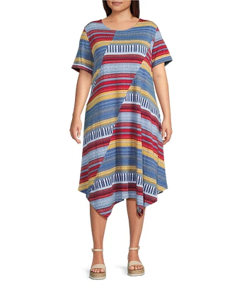 Multiples Plus Size Slub Knit Printed Scoop Neck Short Sleeve Handkerchief Hem Fit & Flare Dress