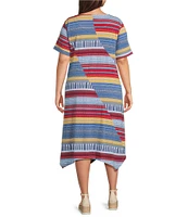 Multiples Plus Size Slub Knit Printed Scoop Neck Short Sleeve Handkerchief Hem Fit & Flare Dress