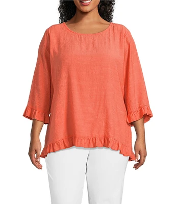 Multiples Plus Size Solid Crinkle Woven Scoop Neck 3/4 Sleeve Hi-Low Hem Ruffle Top