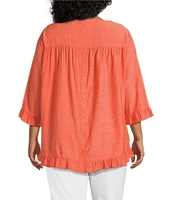 Multiples Plus Size Solid Crinkle Woven Scoop Neck 3/4 Sleeve Hi-Low Hem Ruffle Top