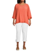 Multiples Plus Size Solid Crinkle Woven Scoop Neck 3/4 Sleeve Hi-Low Hem Ruffle Top