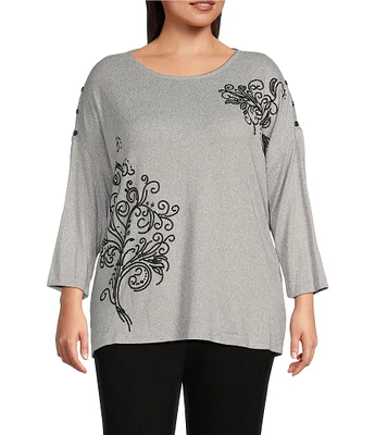 Multiples Plus Size Solid Sequin Embellished Detail Crew Neck 3/4 Dolman Sleeve Top