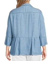 Multiples Plus Size Solid Lyocell Point Collar 3/4 Flounce Sleeve Button Front Peplum Jacket