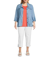 Multiples Plus Size Solid Lyocell Point Collar 3/4 Flounce Sleeve Button Front Peplum Jacket