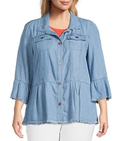 Multiples Plus Size Solid Lyocell Point Collar 3/4 Flounce Sleeve Button Front Peplum Jacket