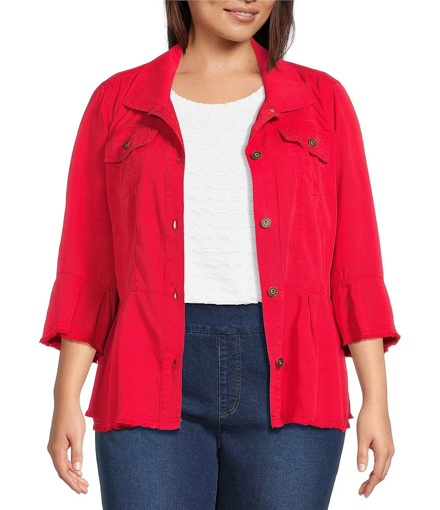 Multiples Plus Size Solid Lyocell Point Collar 3/4 Flounce Sleeve Button Front Peplum Jacket