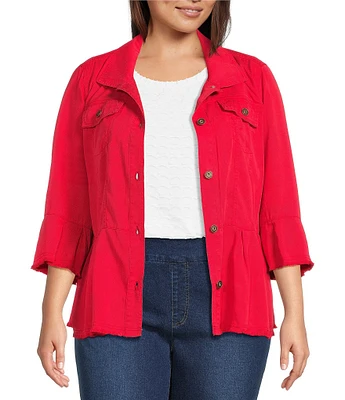 Multiples Plus Size Solid Lyocell Point Collar 3/4 Flounce Sleeve Button Front Peplum Jacket