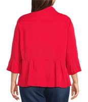 Multiples Plus Size Solid Lyocell Point Collar 3/4 Flounce Sleeve Button Front Peplum Jacket
