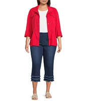 Multiples Plus Size Solid Lyocell Point Collar 3/4 Flounce Sleeve Button Front Peplum Jacket