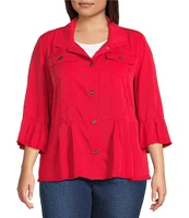 Multiples Plus Size Solid Lyocell Point Collar 3/4 Flounce Sleeve Button Front Peplum Jacket