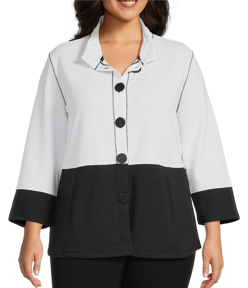 Multiples Plus Size Solid Stripe Jacquard Stand Collar 3/4 Sleeve Fitted Button Front Jacket