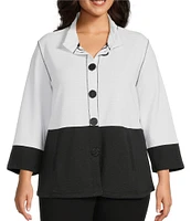 Multiples Plus Size Solid Stripe Jacquard Stand Collar 3/4 Sleeve Fitted Button Front Jacket