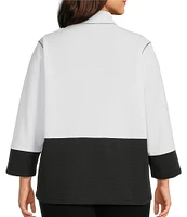 Multiples Plus Size Solid Stripe Jacquard Stand Collar 3/4 Sleeve Fitted Button Front Jacket
