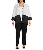Multiples Plus Size Solid Stripe Jacquard Stand Collar 3/4 Sleeve Fitted Button Front Jacket