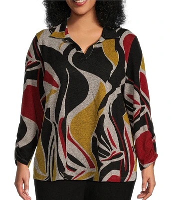 Multiples Plus Size Knit Wave Abstract Print Collared V-Neck Long Ruched Detail Sleeve Top