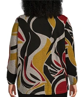 Multiples Plus Size Knit Wave Abstract Print Collared V-Neck Long Ruched Detail Sleeve Top