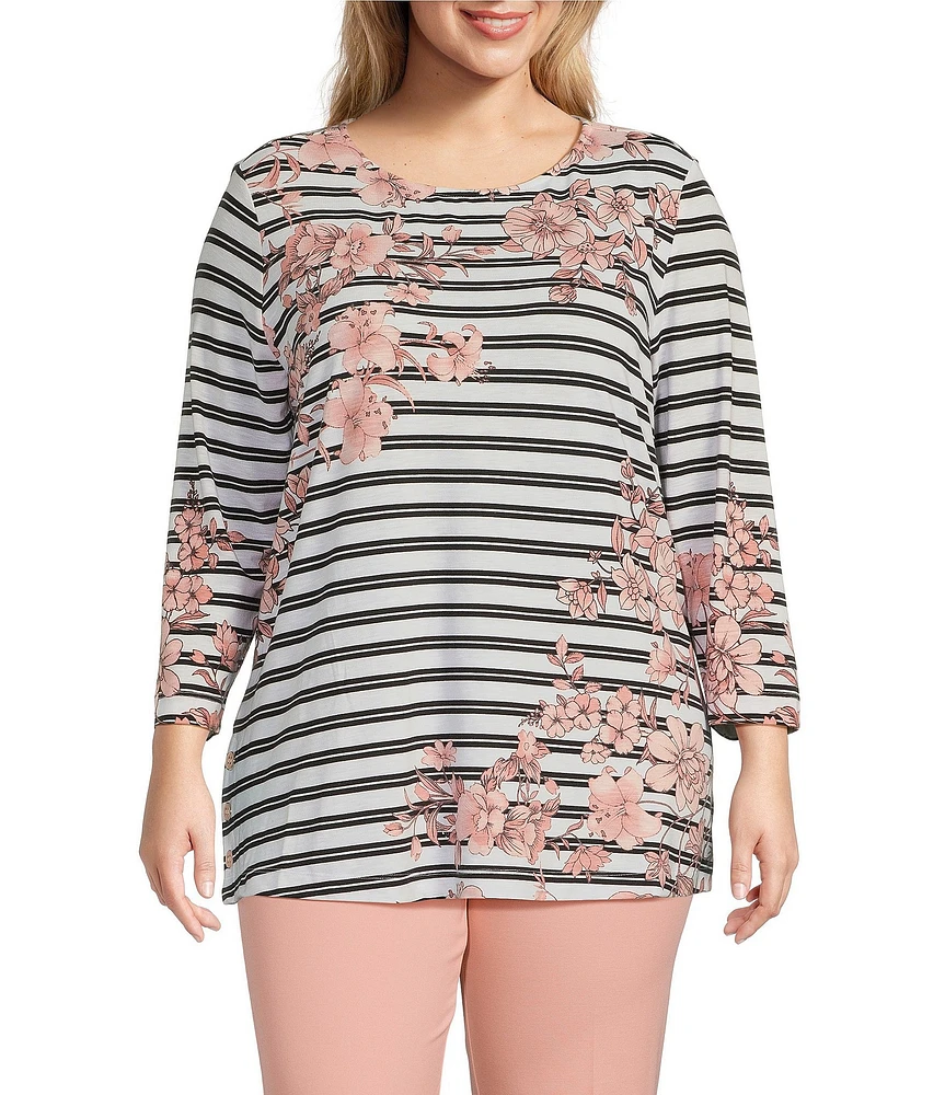 Multiples Plus Size Stretch Placement Floral Stripe Boat Neck 3/4 Sleeve Fitted Top