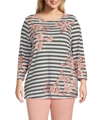 Multiples Plus Size Stretch Placement Floral Stripe Boat Neck 3/4 Sleeve Fitted Top