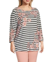Multiples Plus Size Stretch Placement Floral Stripe Boat Neck 3/4 Sleeve Fitted Top