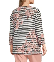 Multiples Plus Size Stretch Placement Floral Stripe Boat Neck 3/4 Sleeve Fitted Top