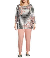 Multiples Plus Size Stretch Placement Floral Stripe Boat Neck 3/4 Sleeve Fitted Top