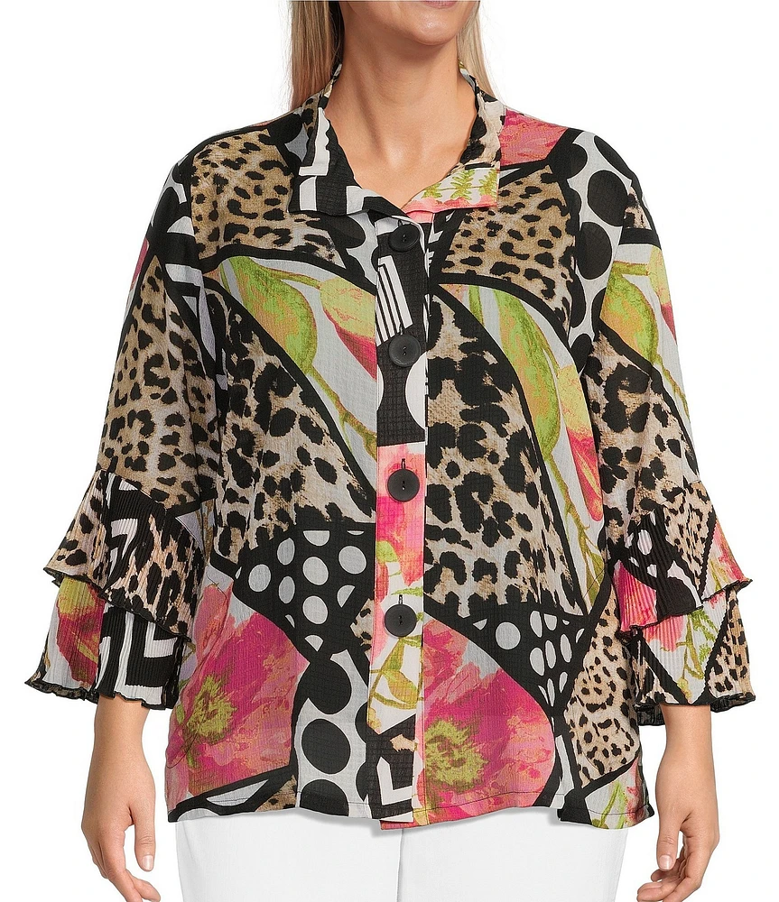 Multiples Plus Size Textured Multi Print Wire Collar 3/4 Sleeve Fitted Button Front Jacket