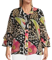 Multiples Plus Size Textured Multi Print Wire Collar 3/4 Sleeve Fitted Button Front Jacket
