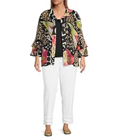 Multiples Plus Size Textured Multi Print Wire Collar 3/4 Sleeve Fitted Button Front Jacket