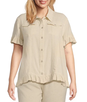 Multiples Plus Size Textured Slub Woven Point Collar Short Sleeve Ruffle Detail Fitted Button-Front Jean Jacket