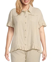 Multiples Plus Size Textured Slub Woven Point Collar Short Sleeve Ruffle Detail Fitted Button-Front Jean Jacket