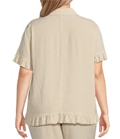 Multiples Plus Size Textured Slub Woven Point Collar Short Sleeve Ruffle Detail Fitted Button-Front Jean Jacket