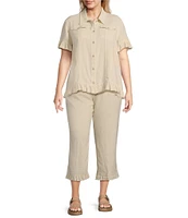 Multiples Plus Size Textured Slub Woven Point Collar Short Sleeve Ruffle Detail Fitted Button-Front Jean Jacket