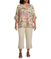 Multiples Plus Size Textured Slub Woven Straight Leg Elastic Drawstring Waist Pull-On Pants