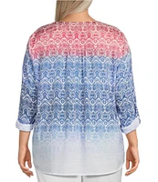 Multiples Plus Size Textured Woven Printed Band V-Neck Long Roll-Tab Sleeve Button-Front Shirt