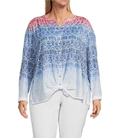 Multiples Plus Size Textured Woven Printed Band V-Neck Long Roll-Tab Sleeve Button-Front Shirt