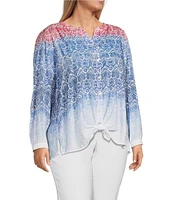 Multiples Plus Size Textured Woven Printed Band V-Neck Long Roll-Tab Sleeve Button-Front Shirt