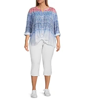 Multiples Plus Size Textured Woven Printed Band V-Neck Long Roll-Tab Sleeve Button-Front Shirt