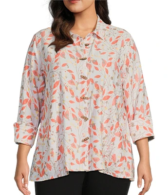 Multiples Plus Size Woven Leaf Print Point Collar 3/4 Turn-Up Sleeve Button Front Fitted Shirt