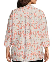 Multiples Plus Size Woven Leaf Print Point Collar 3/4 Turn-Up Sleeve Button Front Fitted Shirt