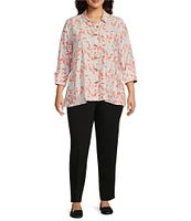 Multiples Plus Size Woven Leaf Print Point Collar 3/4 Turn-Up Sleeve Button Front Fitted Shirt