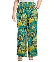 Multiples Plus Size Woven Paisley Multi Print Pull-On Wide-Leg Crepon Pants