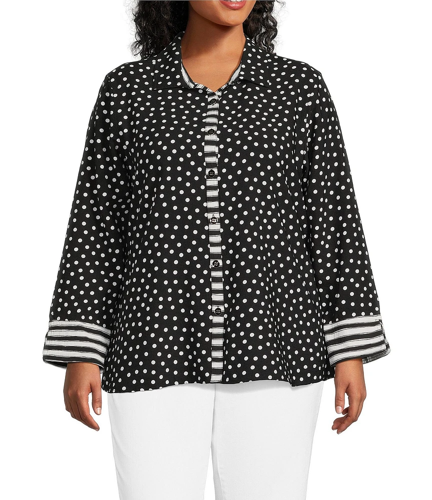 Multiples Plus Size Woven Printed Point Collar Long Turn-Up Sleeve Button Front Fitted Shirt