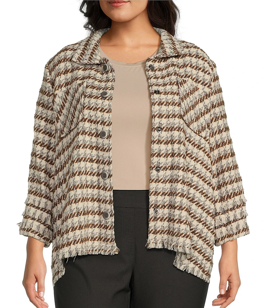 Multiples Plus Size Yarn-Dye Point Collar 3/4 Sleeve Fringe Trim Snap-Front Houndstooth Jacket