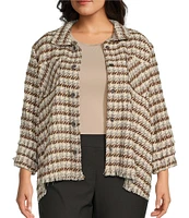 Multiples Plus Size Yarn-Dye Point Collar 3/4 Sleeve Fringe Trim Snap-Front Houndstooth Jacket