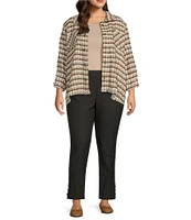 Multiples Plus Size Yarn-Dye Point Collar 3/4 Sleeve Fringe Trim Snap-Front Houndstooth Jacket