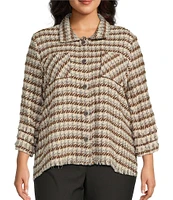 Multiples Plus Size Yarn-Dye Point Collar 3/4 Sleeve Fringe Trim Snap-Front Houndstooth Jacket